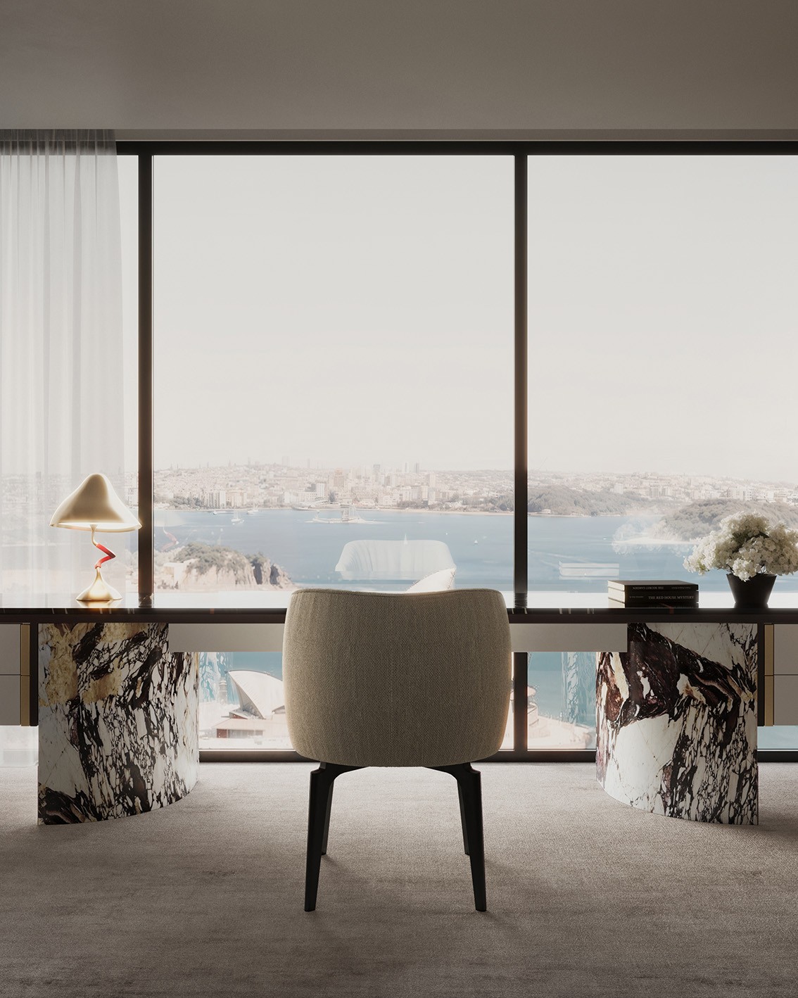 Curved armchair and marble side tables framing a harbour outlook, Barangaroo