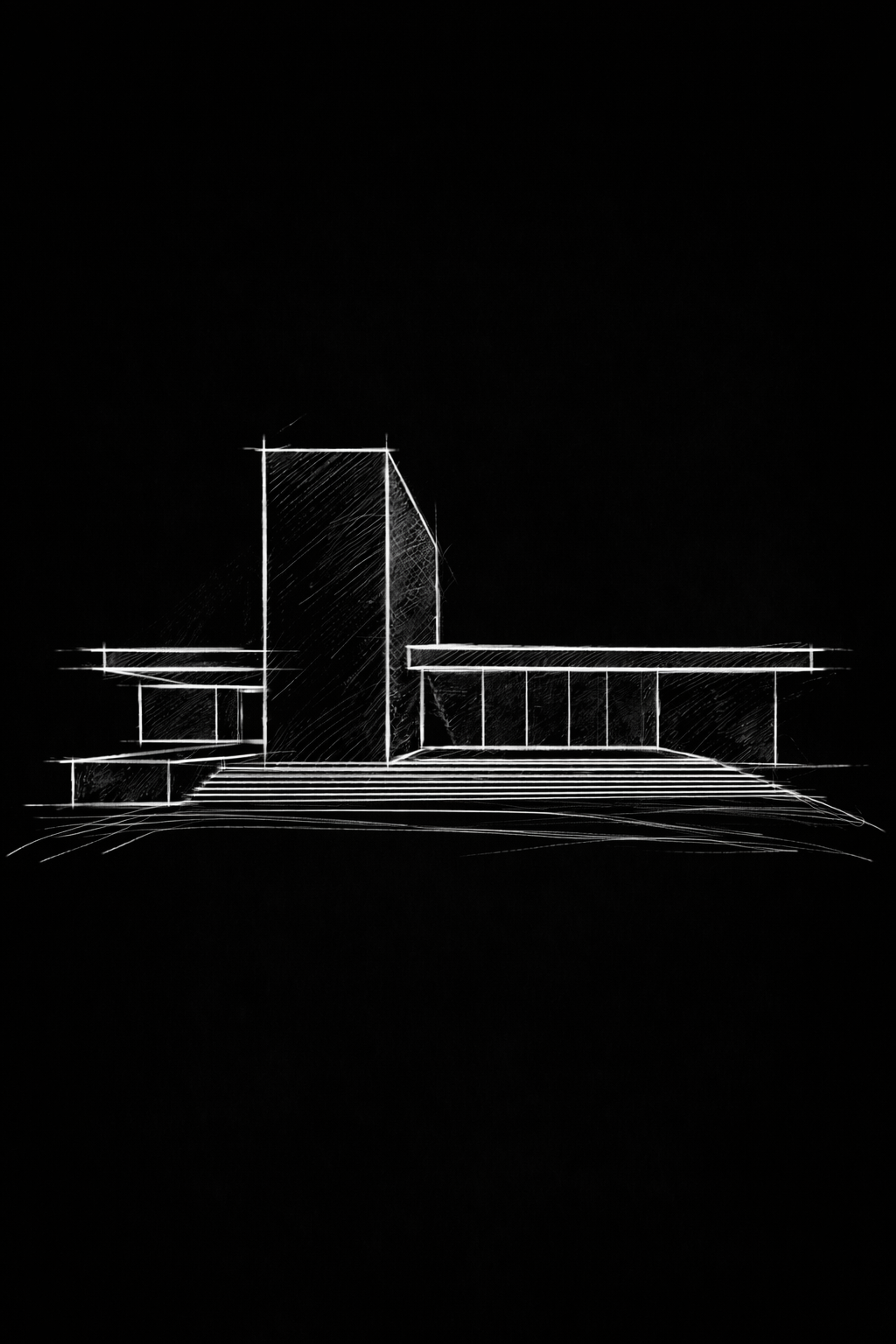 Cantilevered modernist pavilion rendered as a white line sketch on black