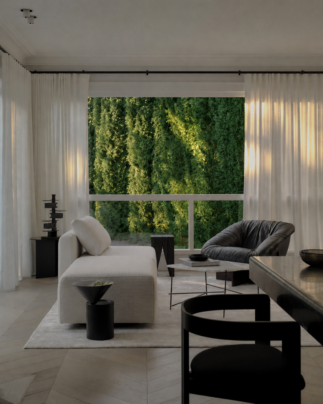 Vaucluse living room framing a lush vertical garden through the window behind a cream sofa