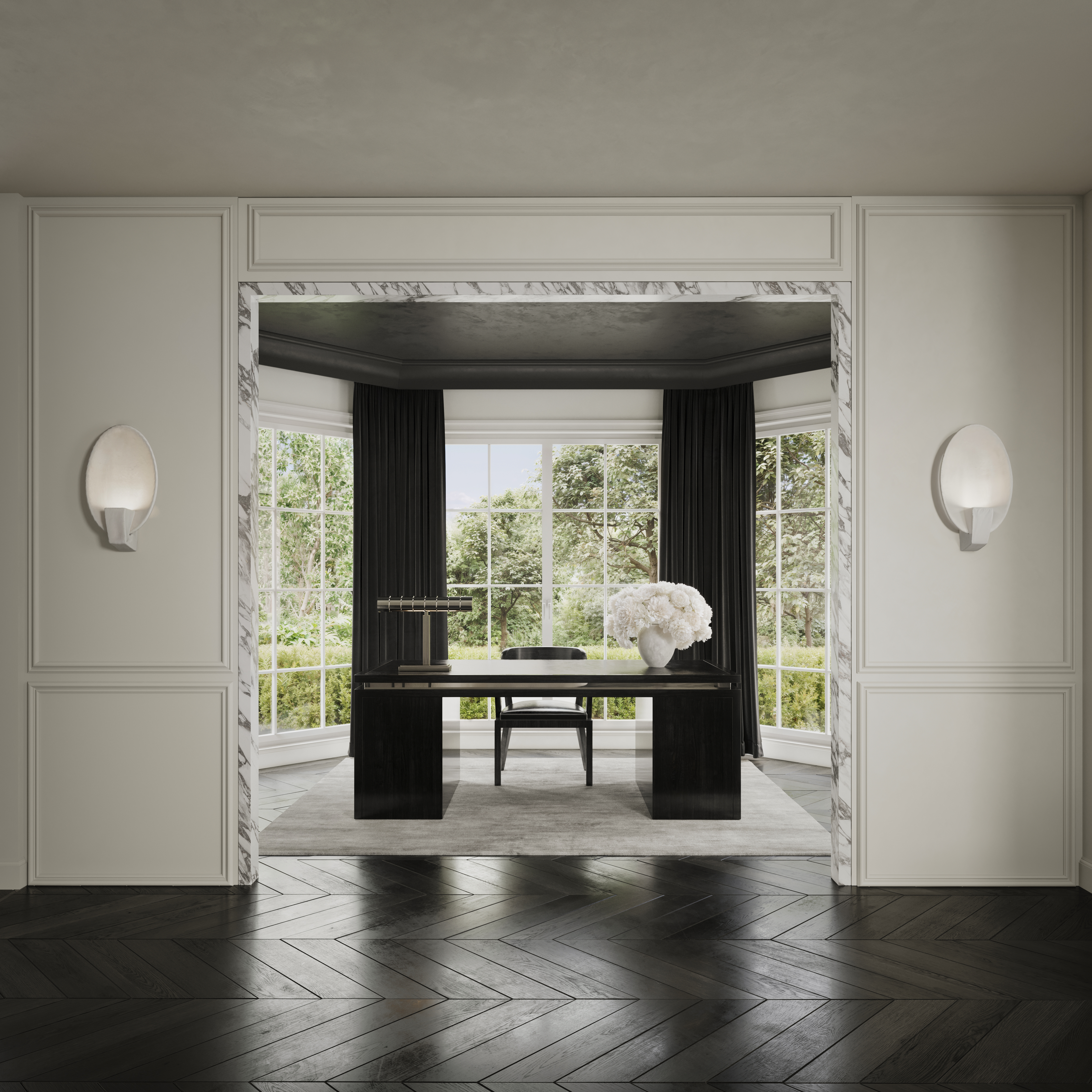 Marble-framed study nook with herringbone floors in a Vaucluse residence