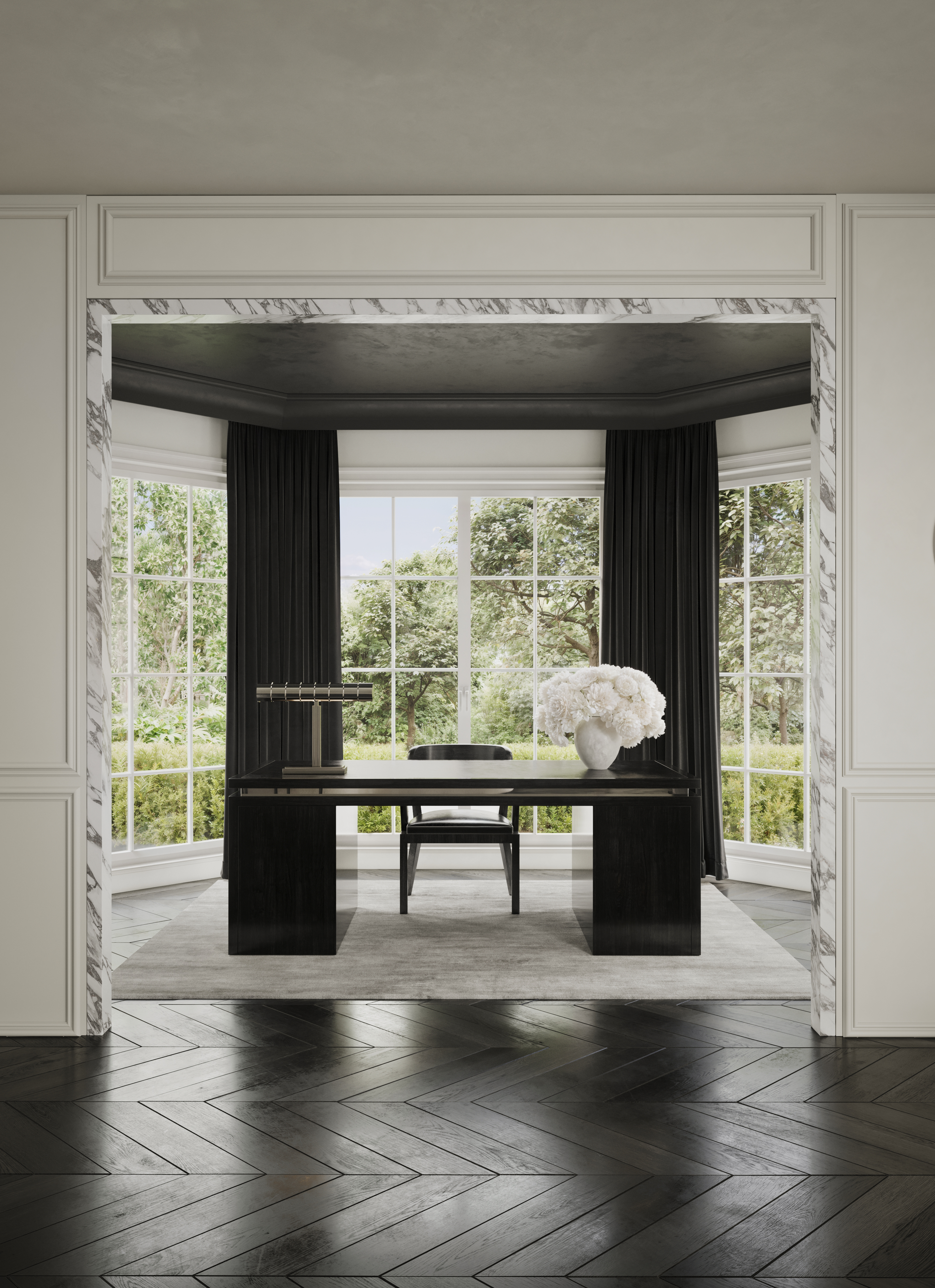 Marble-framed study nook with herringbone floors in a Vaucluse residence