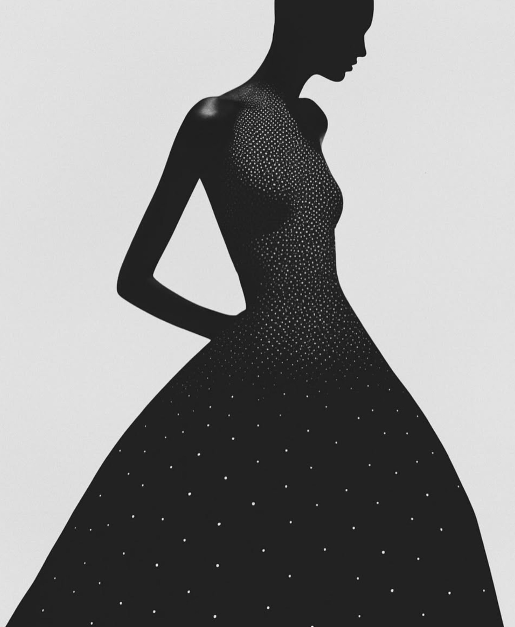 Profile of a woman in a beaded black gown captured in high-contrast monochrome