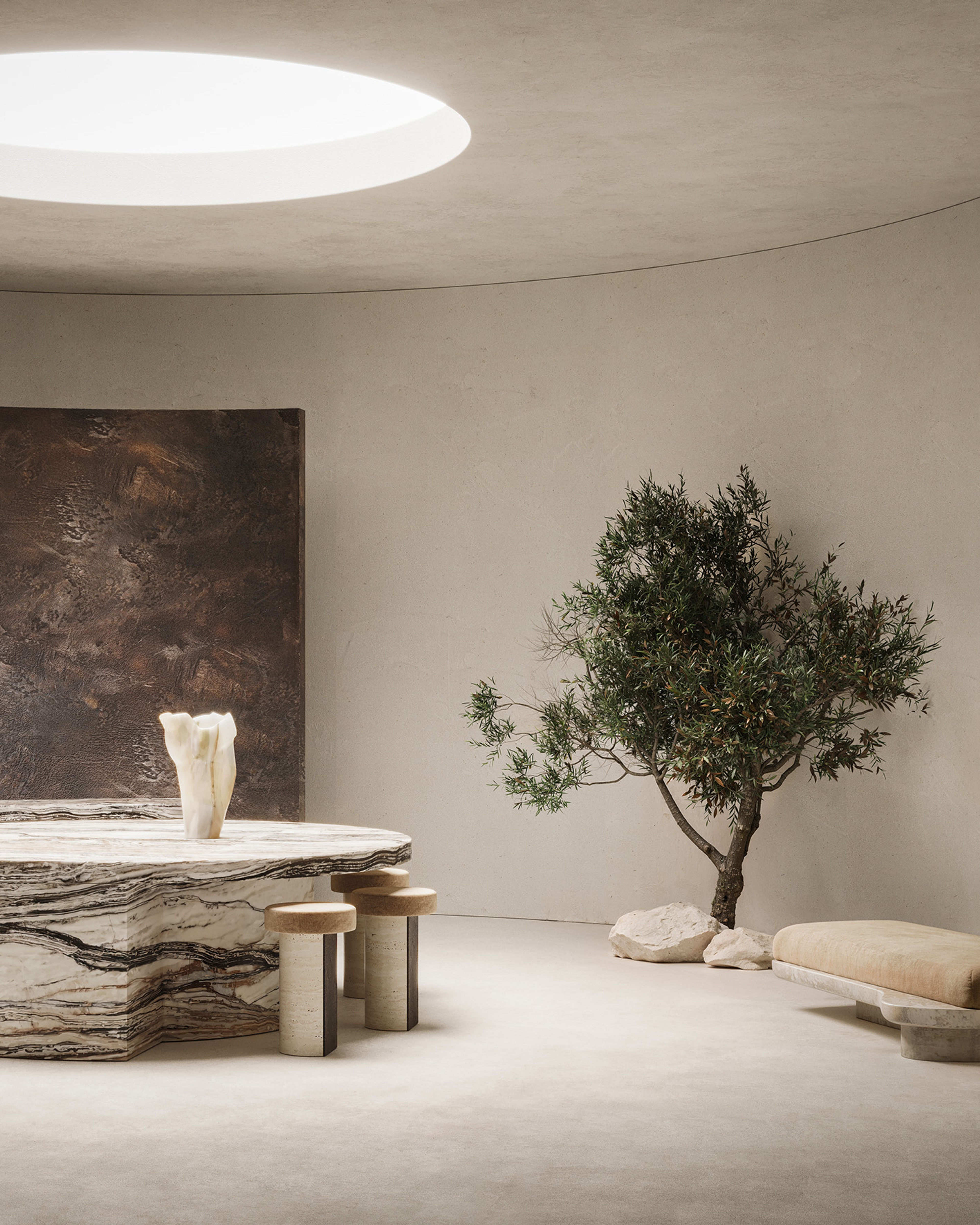 Gallery-like interior with oculus skylight, veined marble table and olive tree