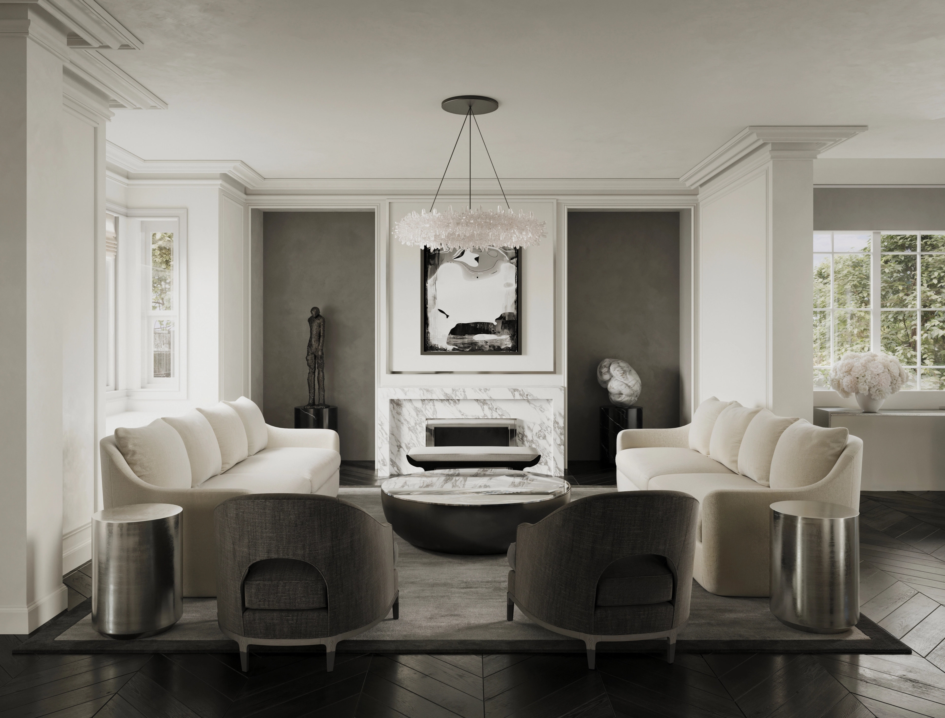 Symmetrical living room, Jack Freeman-designed, with paired curved chairs flanking a fireplace