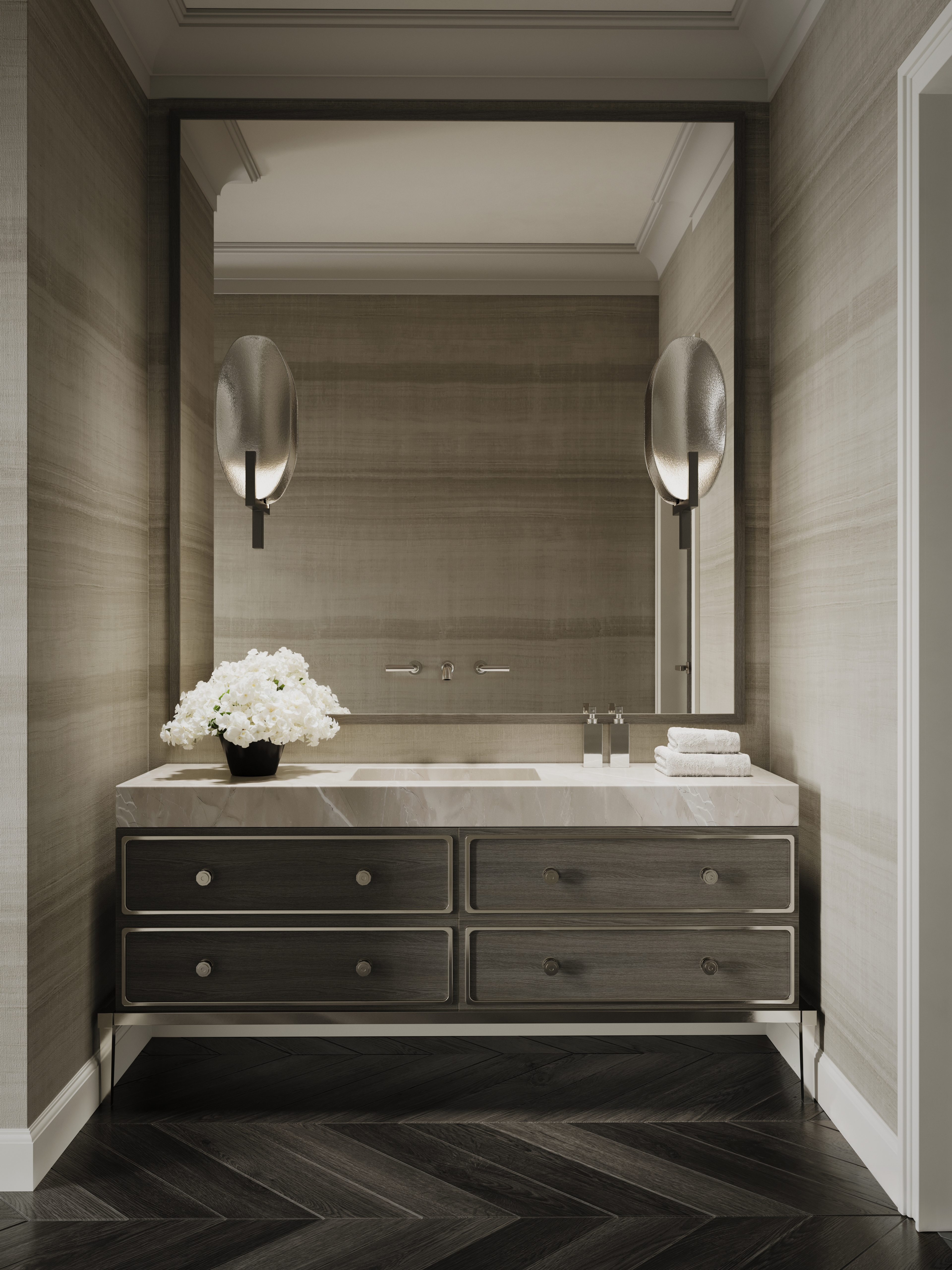 Timber-lined powder room with twin oval sconces and a marble vanity