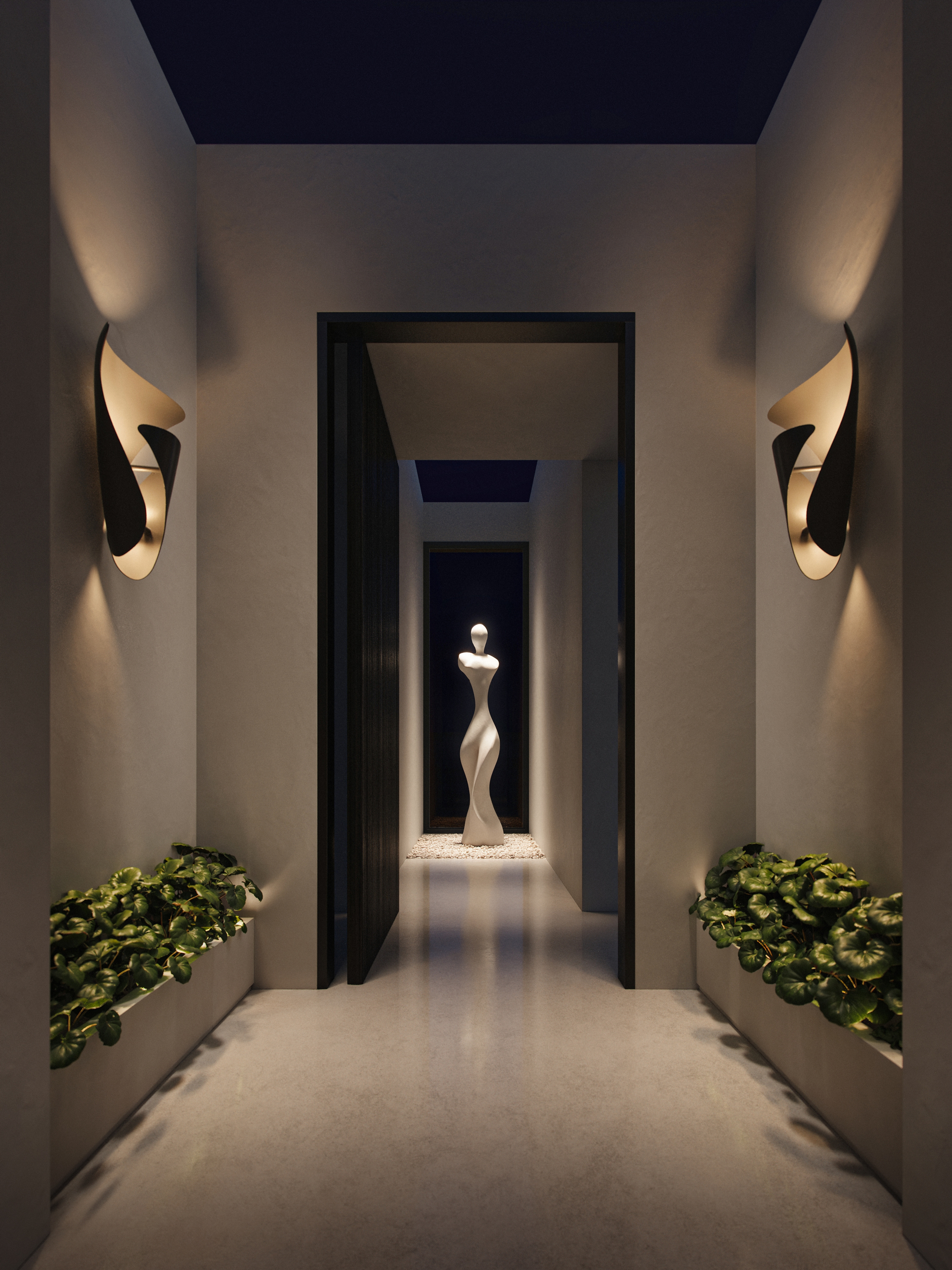 Darkened corridor lined with sculptural sconces leading to an illuminated figurative sculpture