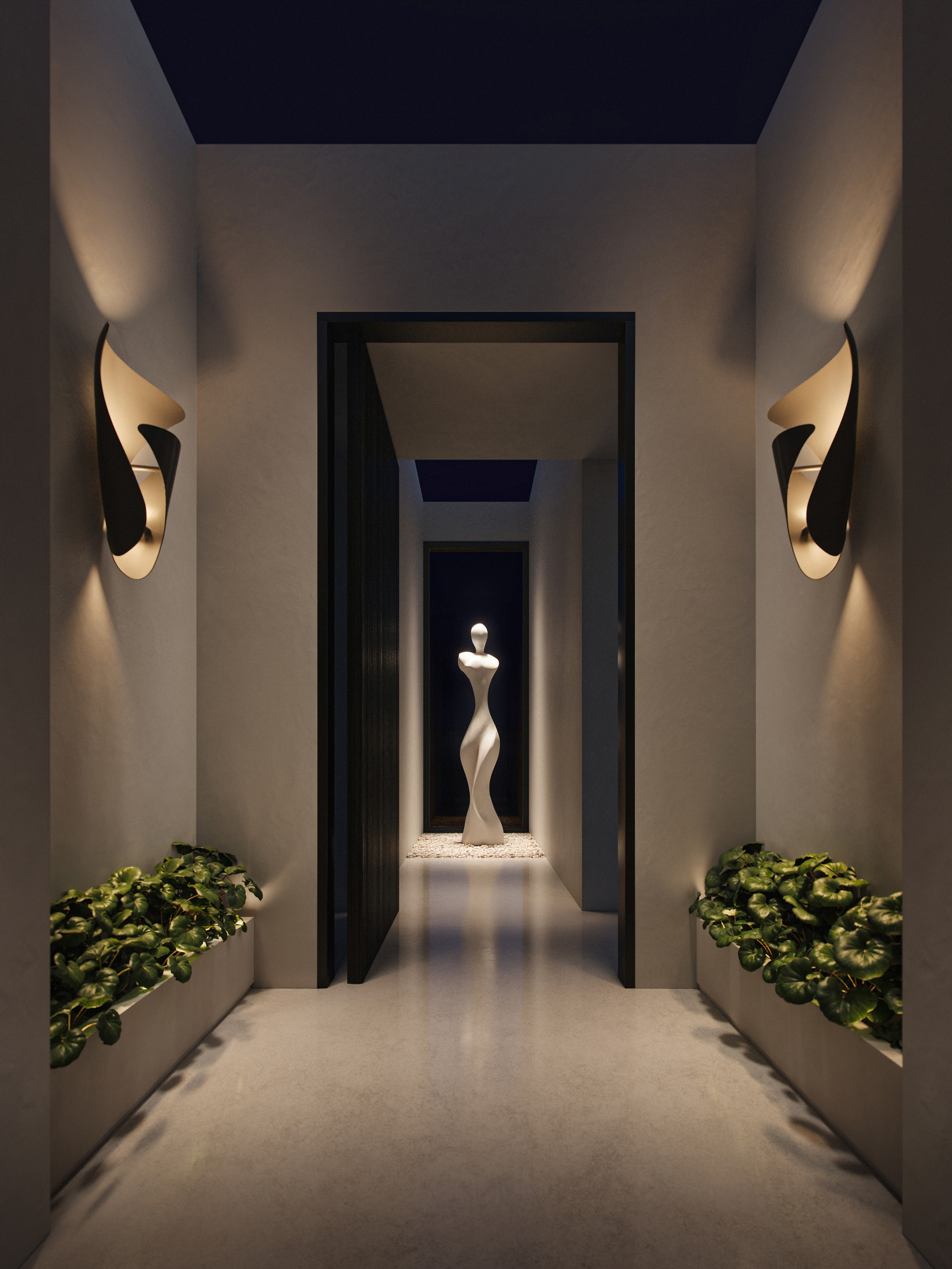Darkened corridor lined with sculptural sconces leading to an illuminated figurative sculpture