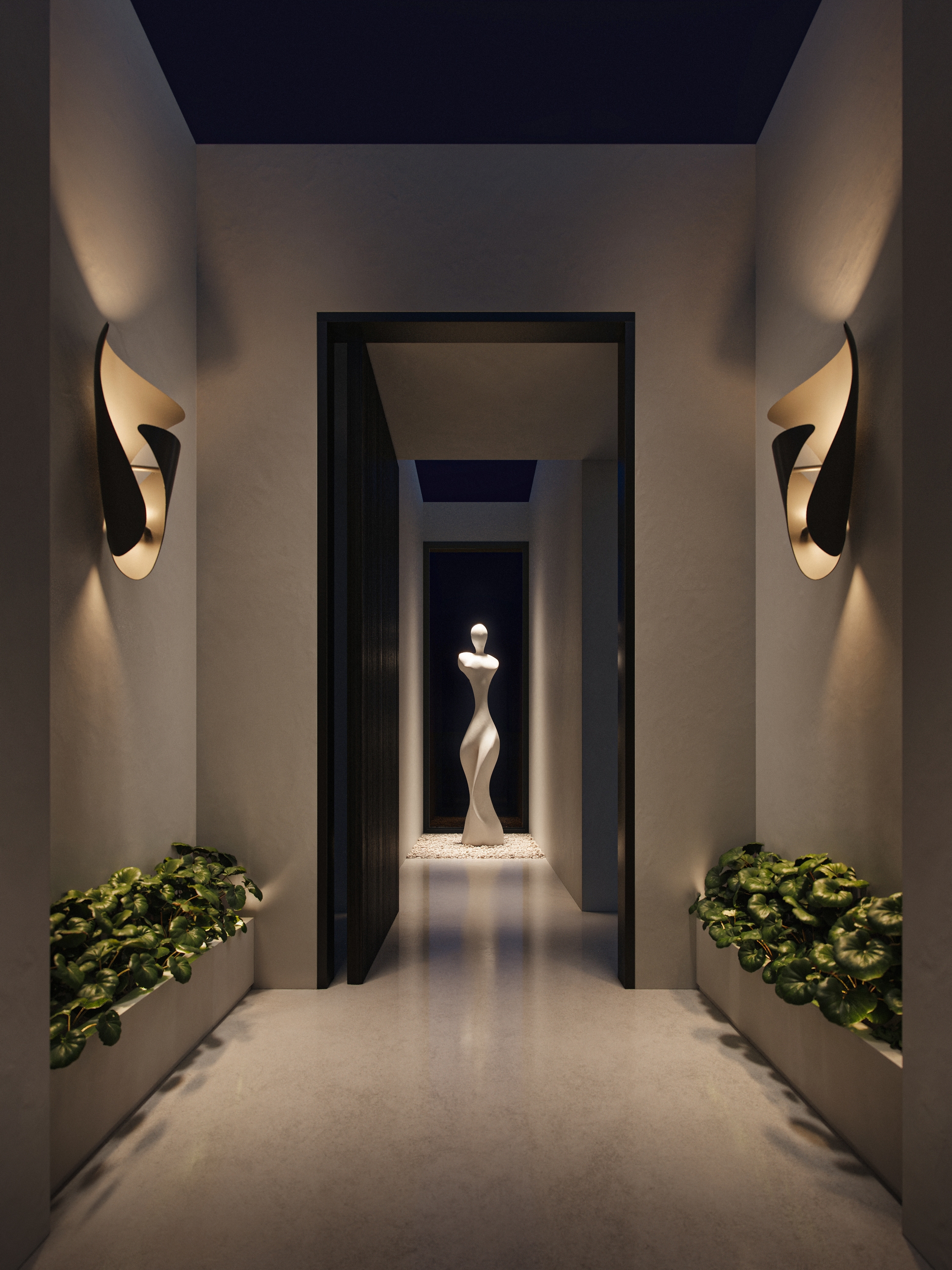 Darkened corridor lined with sculptural sconces leading to an illuminated figurative sculpture