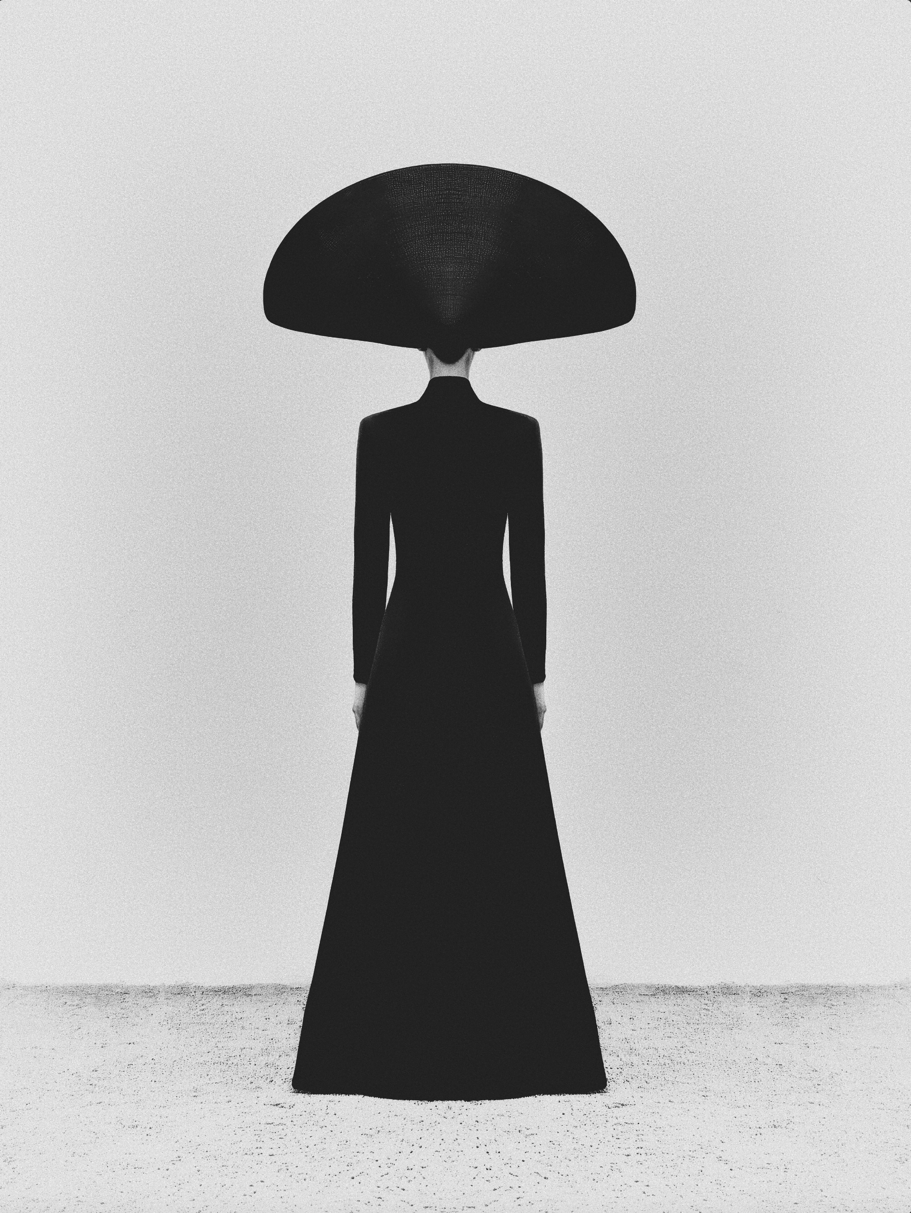 Silhouetted figure in a sculptural black gown and domed headpiece by designer Iris van Herpen