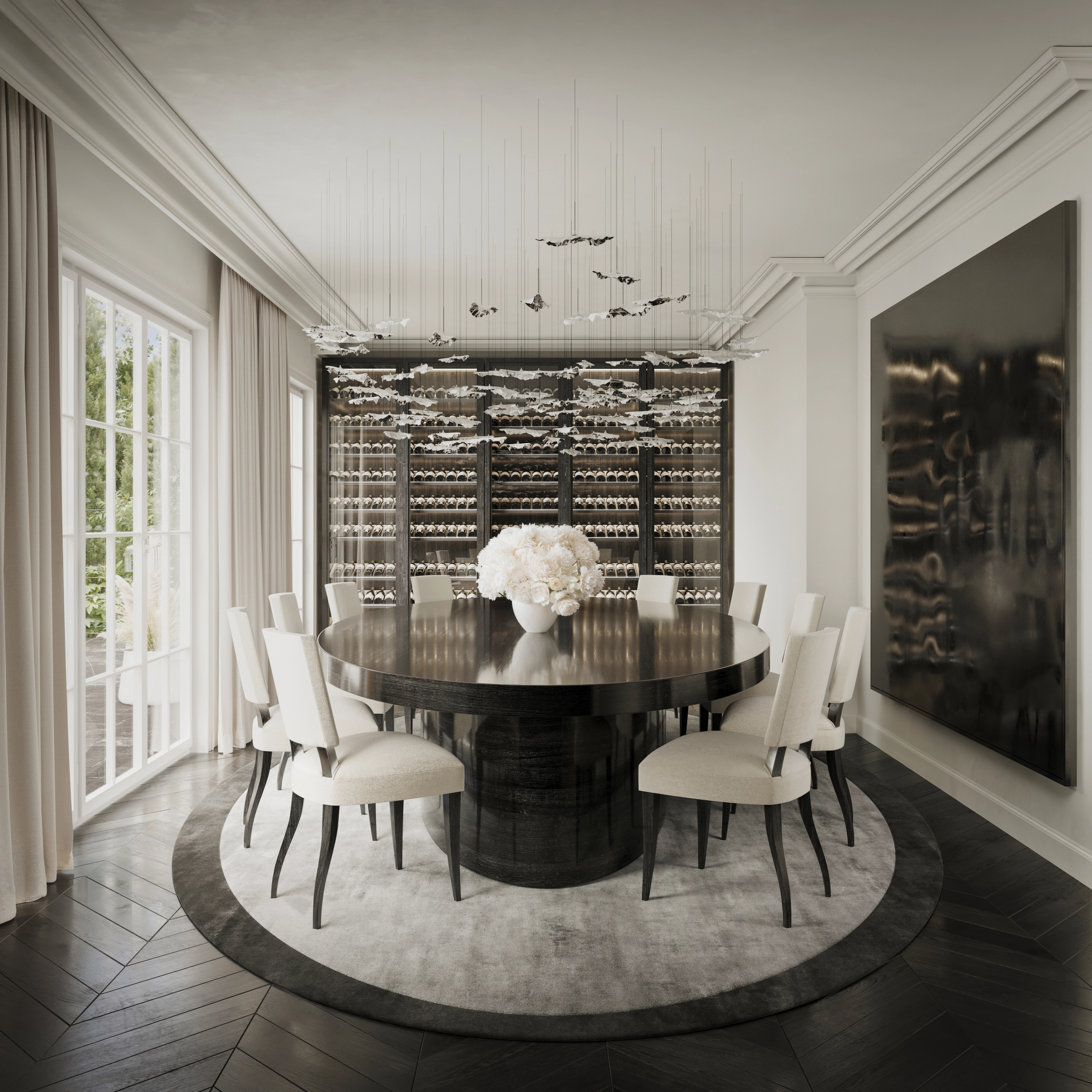 Jack Freeman-designed dining room beneath a shimmering sculptural ceiling with water views