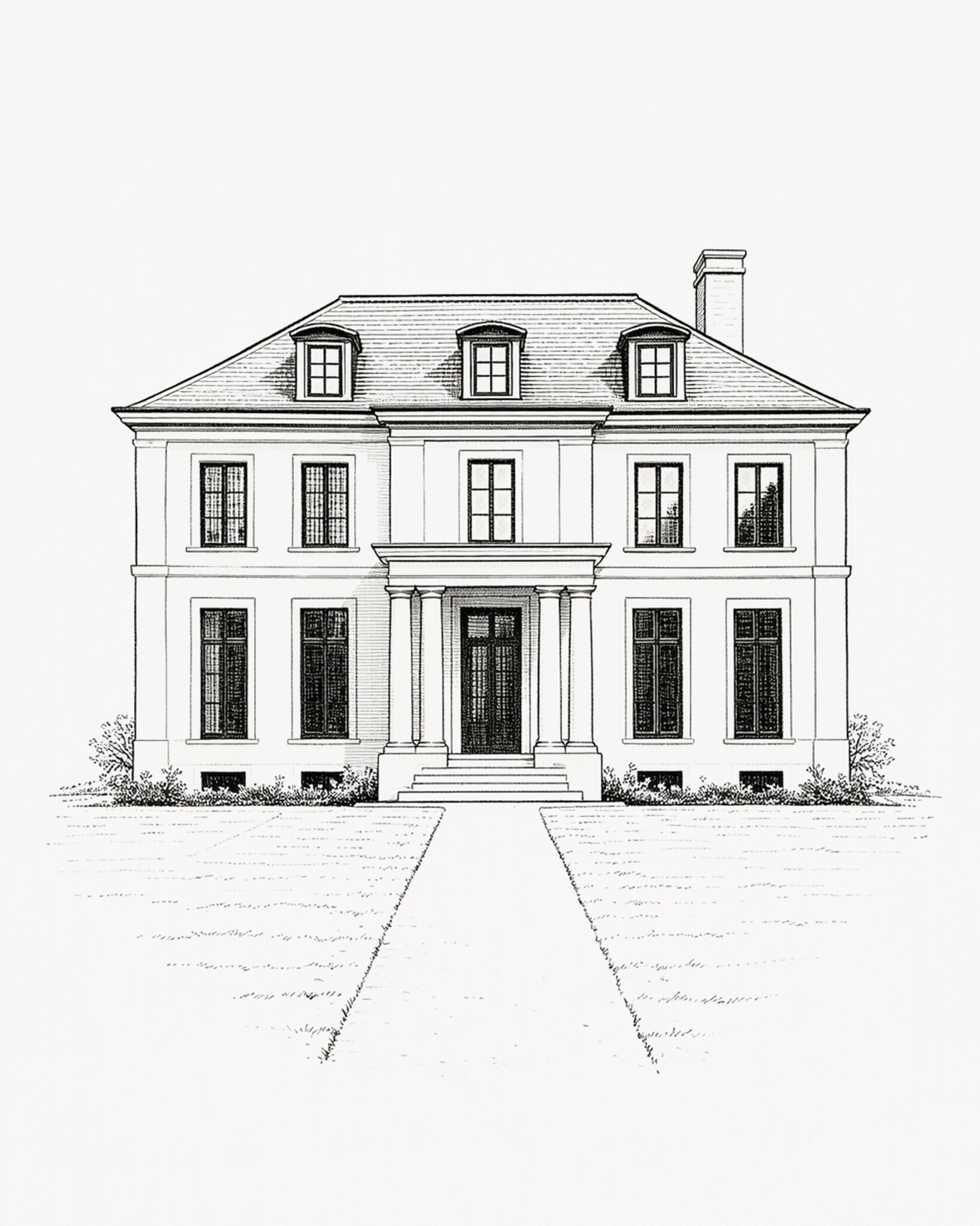 Pencil elevation of a symmetrical Georgian-style home drawn by Freeman & Co