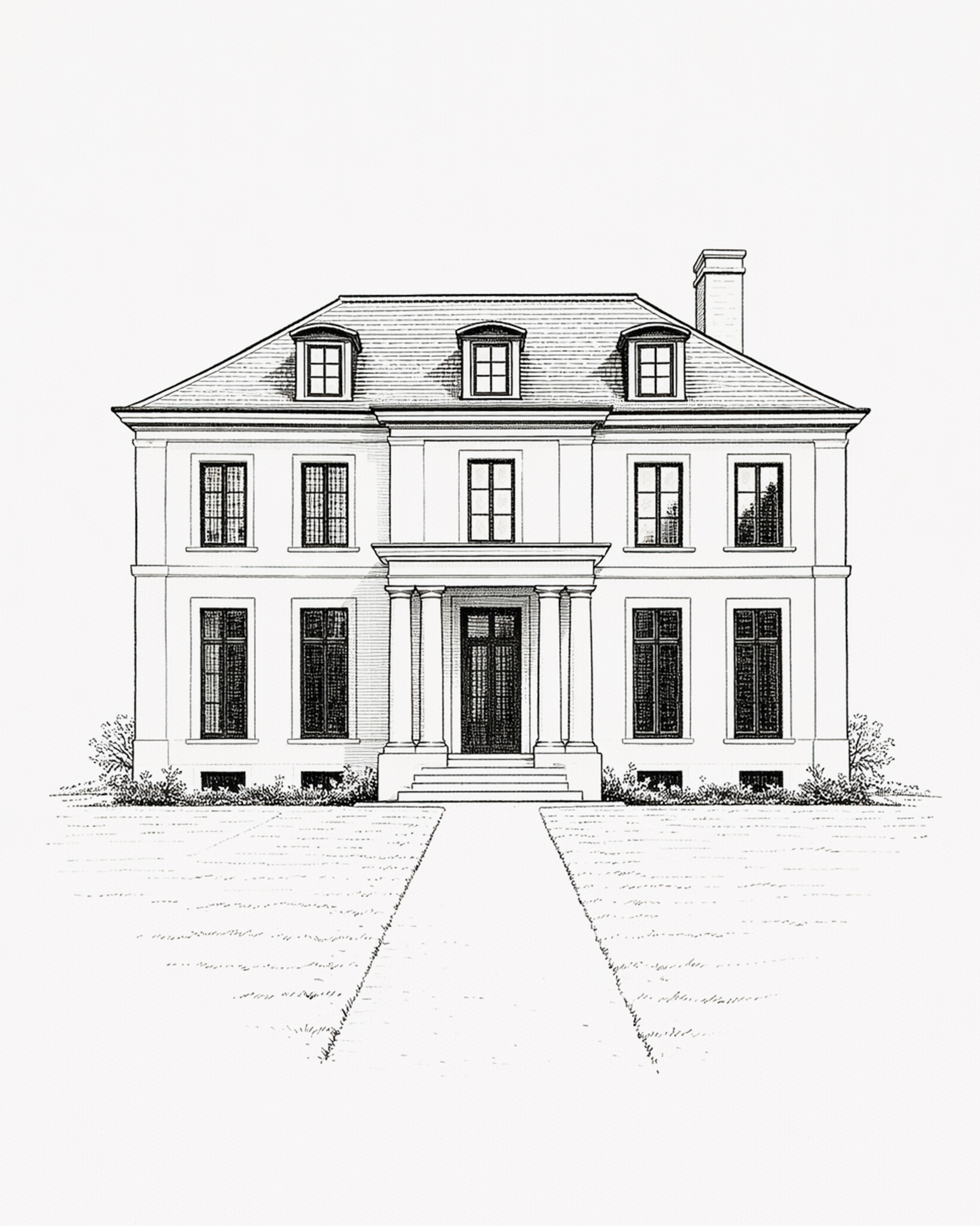 Pencil elevation of a symmetrical Georgian-style home drawn by Freeman & Co