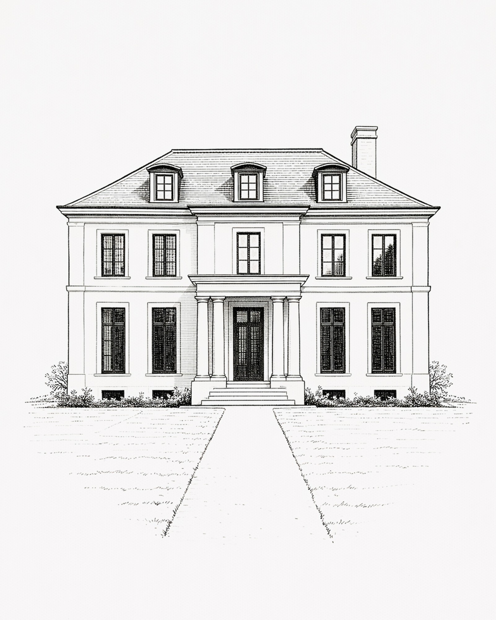 Pencil elevation of a symmetrical Georgian-style home drawn by Freeman & Co