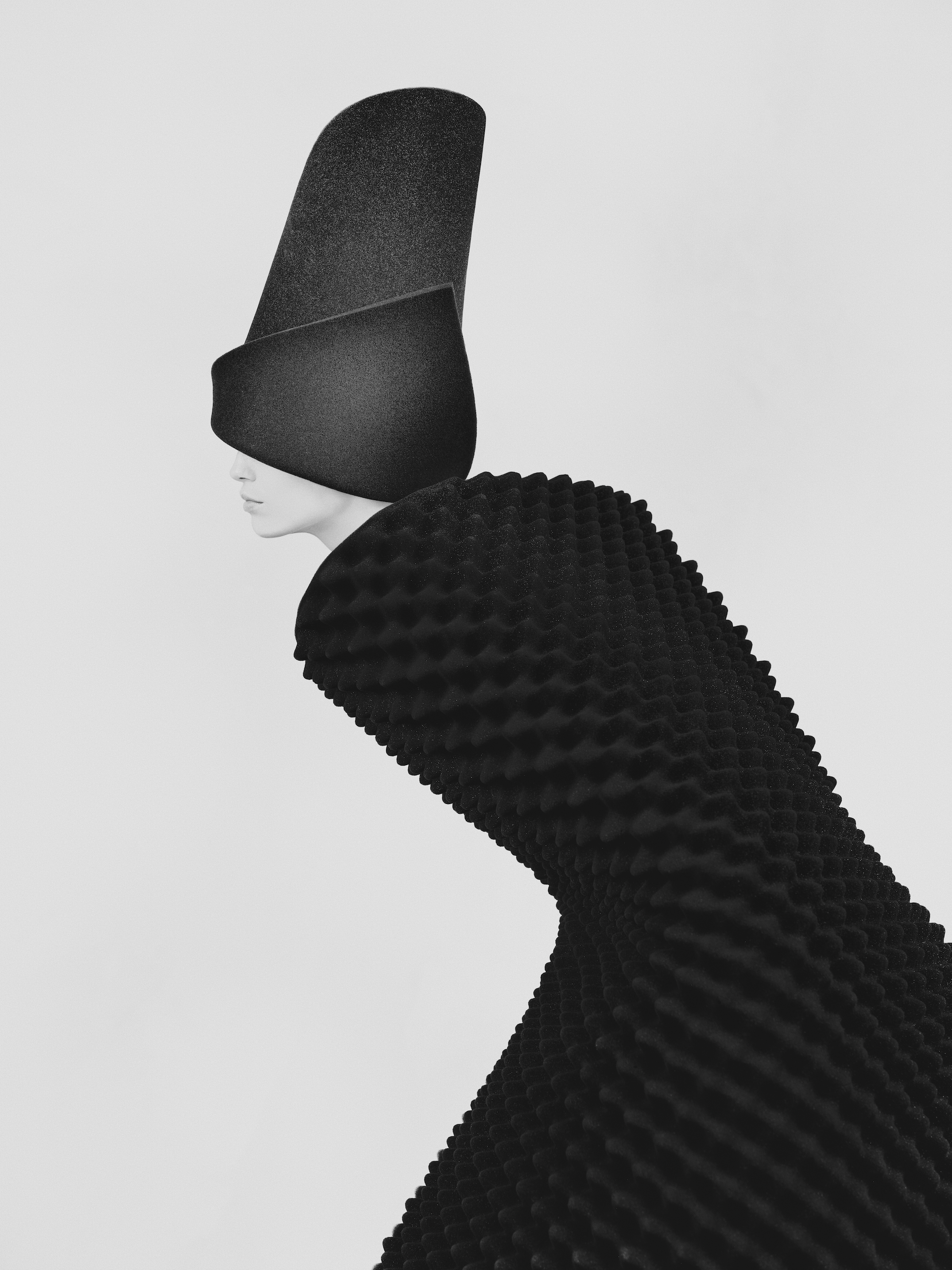 Surreal monochrome portrait of a figure in a dark helmet and textured cloak by Bastiaan Woudt