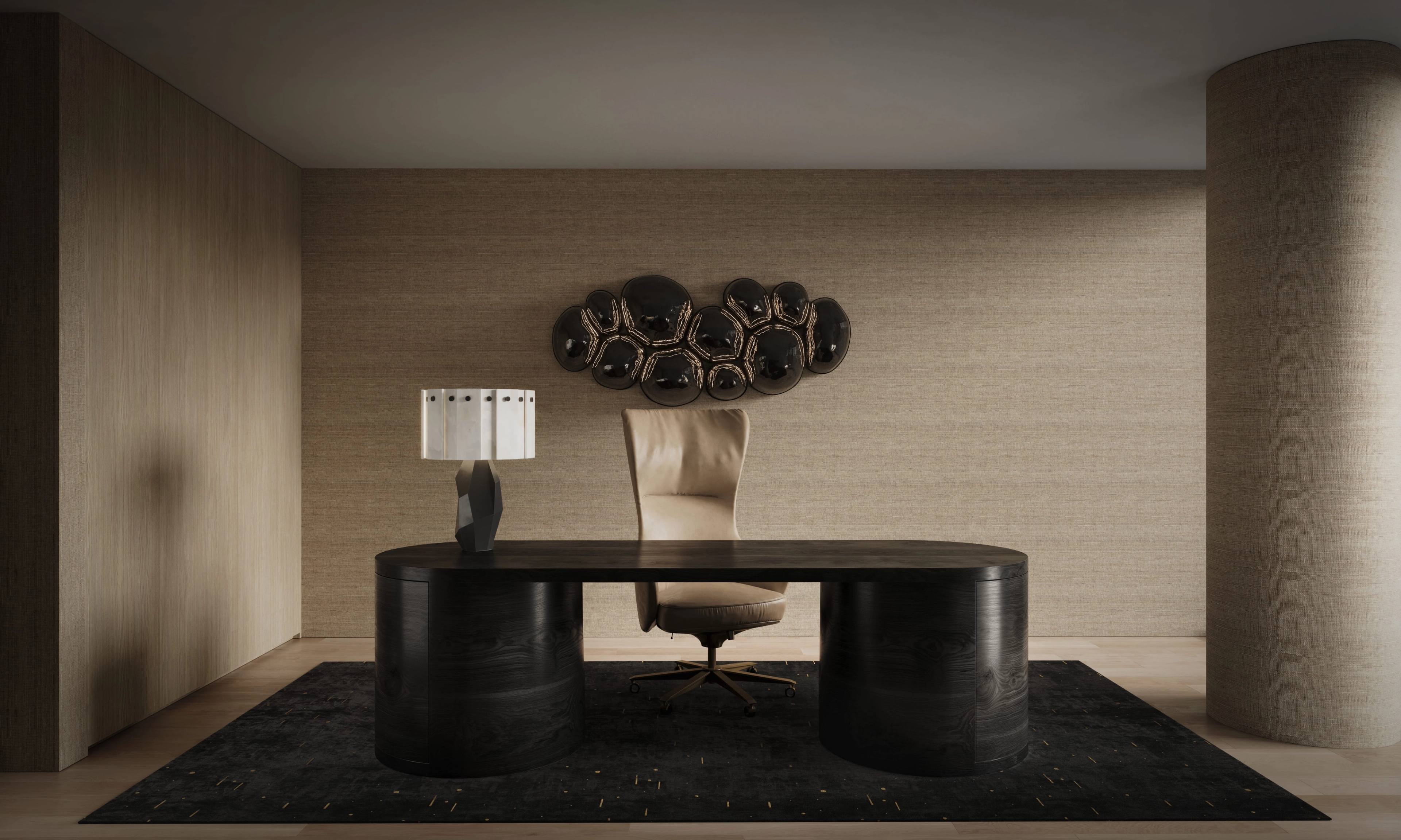 Dark-toned study with a monolithic pedestal desk and sculptural wall piece, Mayfair, London
