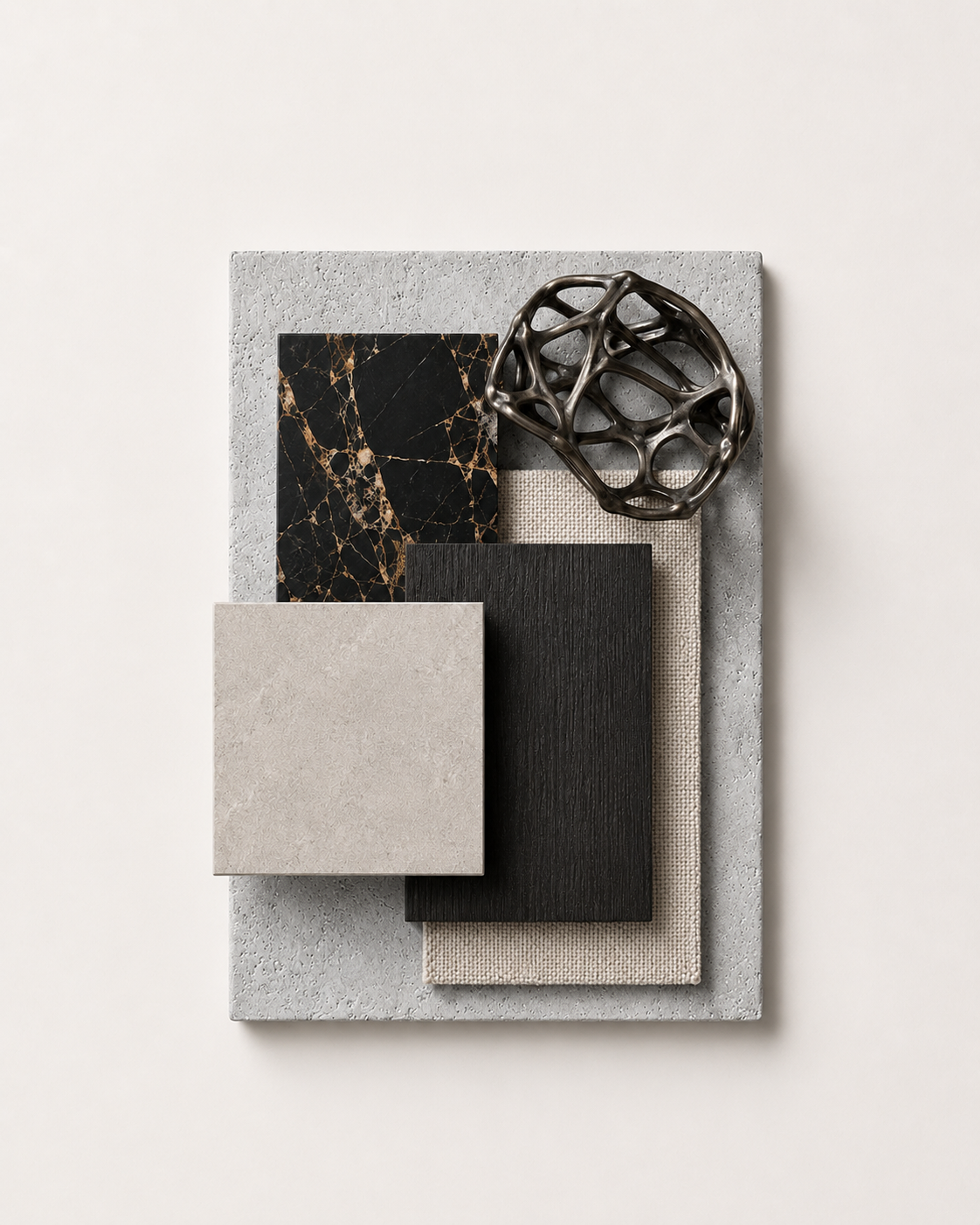 Freeman & Co material palette of veined marble, textured fabric and a bronze sphere