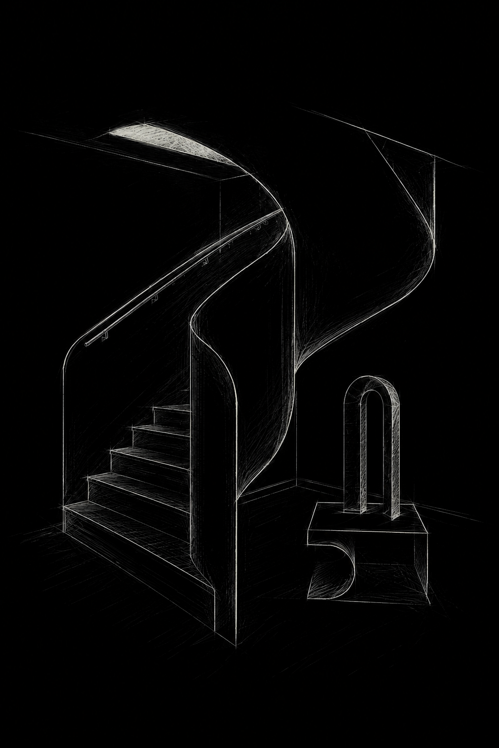 White line concept sketch of a sculptural curved staircase against a black ground